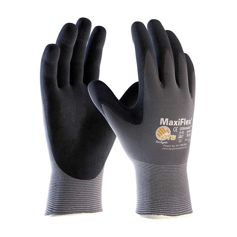 G-Tek MaxiFlex® Ultimate® BY ATG® 34-874 Continuous Knit Cuff Micro-Foam Nitrile Coated Gloves X-Small, Gray With Black, Yellow Hem 12 PR/DZ